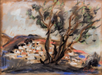 יצחק פרנקל (פרנל), נוף. טכניקה: פסטל על ניירתאריך: 1930 בקירובחתימה: חתום ונושא כותרת (ימין 