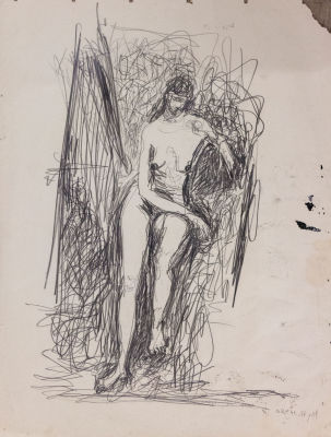 אריה אזן, עירום נשי. טכניקה: עפרון על ניירתאריך: 1957חתימה: חתום בעברית ובאנגלית ומתוארך 57 
