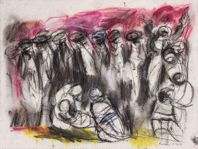 יצחק פרנקל (פרנל), התקהלות יהודים. טכניקה: פסטל על ניירחתימה: חתום ונושא שם היצירה (ימין 