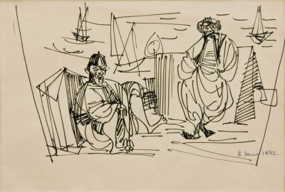 מרסל ינקו, בדואים. טכניקה: דיו על ניירתאריך: 1942חתימה: חתום ומתוארך 1942 (ימין למטה).מידות: 
