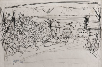 מרסל ינקו, שתי דמויות בכפר. טכניקה: דיו על ניירתאריך: 1945חתימה: חתום ומתוארך 1945 (שמאל 