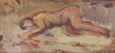 משה רוזנטליס, אישה שוכבת. טכניקה: שמן על עץתאריך: 1988חתימה: חתום ומתוארך 88 (ימין למטה)מידות: 