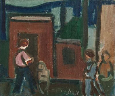 אהרון גלעדי, ילדים בקיבוץ. טכניקה: שמן על בדתיאור: חתום (מרכז למטה)מידות: 24X27 ס"ממצב: טוב למעט 