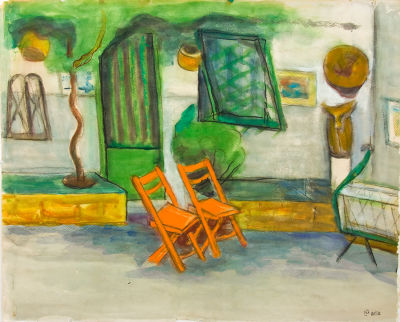 ציונה תג'ר, גינת האמנית בצפת. טכניקה: אקוורל על ניירתאריך: שנות ה-1960חתימה: חותמת העזבון (ימין 