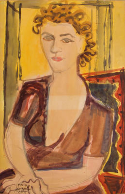 מיכאל ארגוב, דיוקן אישה. טכניקה: אקוורל ועפרון על ניירחתימה: חתום ונושא חותמת עזבון האמן (שמאל 