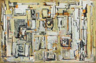 יחיאל קריזה, קומפוזיציה. טכניקה: גואש על נייר מוצמד לקרטוןחתימה: חתום (ימין למטה)מידות: 50X70 