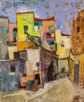יעקב אייזנשר, דמות בעיר העתיקה בירושלים. טכניקה: שמן על בדחתימה: חתום (ימין למטה) מידות: 46X38 