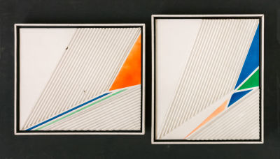 מיכאל ארגוב, ללא כותרת (902+903). טכניקה: קרטון גלי ואקריליק על עץחתימה: שני החלקים חתומים 