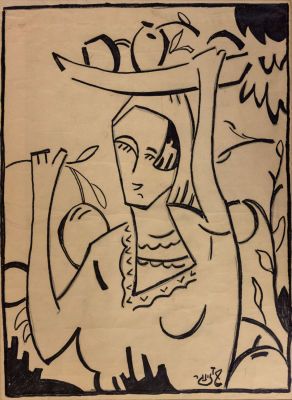 שמואל שלזינגר, אישה עם סלסלת פירות. טכניקה: טוש ועפרון על ניירחתימה: חתום (ימין למטה)מידות: 