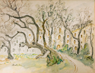 איזק אנטשר, נוף עירוני. טכניקה: אקוורל ודיו על ניירחתימה: חתום (שמאל למטה)מידות: 31X41 ס"ממצב: טוב