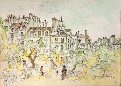 איזק אנטשר, נוף עירוני. טכניקה: אקוורל ודיו על ניירחתימה: חתום (ימין למטה)מידות: 26X36 ס"ממצב: טוב