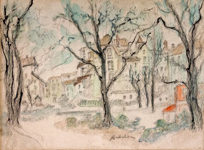 איזק אנטשר, נוף עירוני. טכניקה: אקוורל ודיו על ניירחתימה: חתום (מרכז למטה)מידות: 23X31 ס"ממצב: טוב