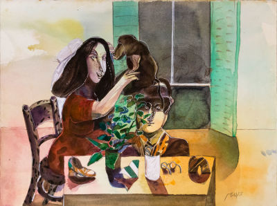 דודו גרשטיין, משפחה עם כלב וחתול. טכניקה: אקוורל על ניירחתימה: חתום (ימין למטה)מידות: 28X38 