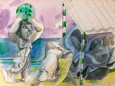 דודו גרשטיין, חופשה על החוף. טכניקה: אקוורל על ניירתאריך: 1974חתימה: חתום ומתוארך 74 (ימין 