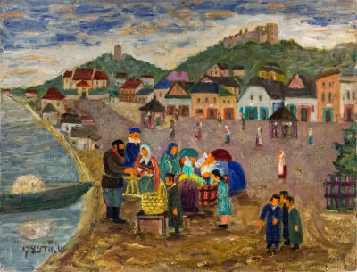 שמואל וודניצקי, דמויות בקוזמיר. טכניקה: שמן על בד מוצמד לקרטוןחתימה: חתום (שמאל למטה)מידות: 