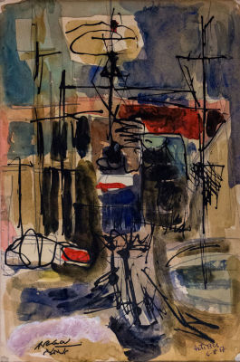 מיכאל ארגוב, 8 עבודות על נייר. כולל:1. אנטיב (צרפת)אקוורל ודיו על נייר, 1957חותמת עזבון האמן 