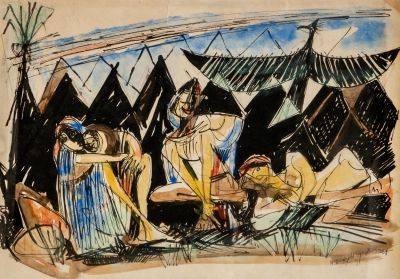 מרסל ינקו, מעברות. טכניקה: אקוורל על נייר
תאריך: 1950 
48X36 ס"מ
חתום, מתוארך ונושא שם היצירה 