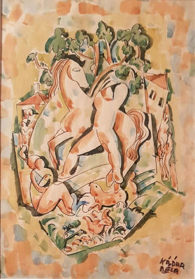 בלה קדאר (1877–1956), דמויות וסוסים. טכניקה: אקוורל על ניירחתום (ימין למטה).29X30 ס"ממצב: 