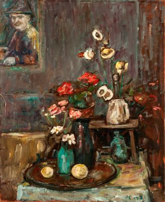 צבי שור ( 1898 - 1979), טבע דומם עם דיוקן עצמי. טכניקה: שמן על בדחתום (ימין למטה).60X73 ס"ממצב: טוב