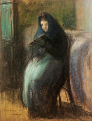 ארתור מרקוביץ' (1872-1934), קריאה ליד החלון. טכניקה: פסטל על ניירחתום, מתוארך ומוקדש "לידידי 