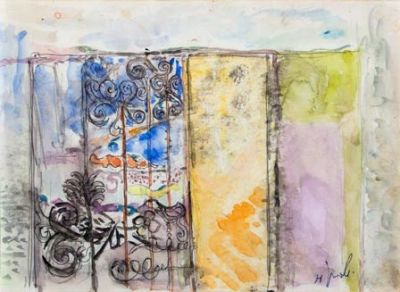 יחזקאל שטרייכמן, מבט מהחלון. טכניקה: אקוורל על ניירתאריך: 1971חתימה: חתום ומתוארך 71 (ימין 