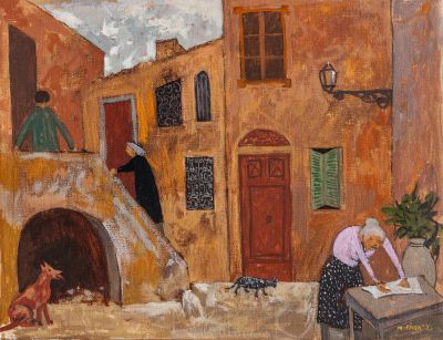 גרגואר מישונז (1902-1982), חצר אחורית. טכניקה: שמן על בדחתום (ימין למטה).35X27 ס"ממצב: טוב