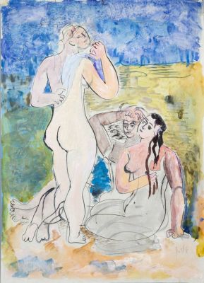 אריה לובין (1897-1980), נשים בחוף. טכניקה: אקוורל על נייר
תאריך: שנות ה-1920
חתום (ימין למטה). 