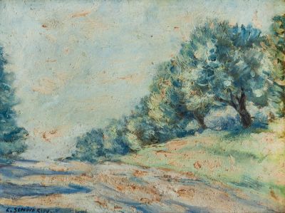 לודויג שוורין (Ludwig Schwerin 1897-1983), עצי זית. טכניקה: שמן על עץתאריך: שנות ה-1940חתום 