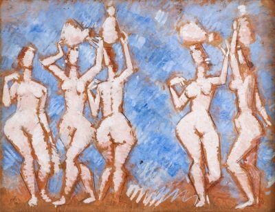 אריה לובין (1897-1980), ריקוד. טכניקה: גואש על ניירתאירך: 1955חתום ומתוארך 55 (שמאל למטה). 54X42 