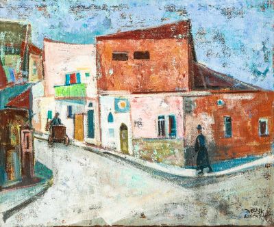 יעקב אייזנשר (1896 – 1980), דמויות בסמטה. טכניקה: שמן על בדחתום (ימין למטה).40X46 ס"ממצב: טוב