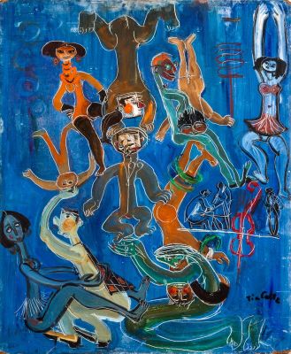 טיה פלץ, לוליינים. טכניקה: שמן על עץחתום (ימין למטה).54X65 ס"ממצב: טוב, למעט נזקים מעטים בפינות.