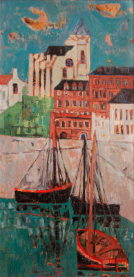 מיכאל ארגוב (1920-1982), מזח (יפו ?). טכניקה: שמן על מזוניטתאריך: 1955חתום ומתארך (שמאל למטה) 