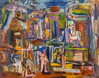 יחיאל קריזה (1908-1968), חלונות ודמויות ביפו העתיקה. טכניקה: גואש על ניירחתימה: חתום (ימין 