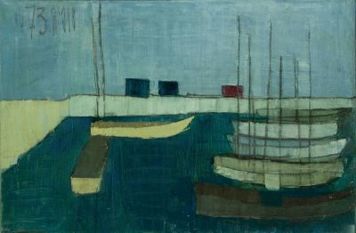 סופיה קיסילב (2018-1923), סירות במזח של תל אביב. טכניקה: שמן על בדתאריך: חתום ומתוארך 73 (שמאל 