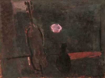 משה מוקדי, דומם עם גיטרה. טכניקה: שמן על קרטון מוצמד לעץחתימה: חתום (ימין למטה).59X44ס"ממצב: טוב