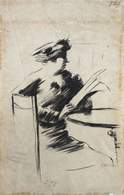 לסר אורי (1861-1931), אישה בבית קפה II (Lesende Dame im Kaffeehaus II). טכניקה: ליטוגרפיהתאריך: 