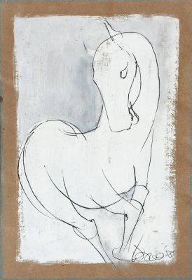 Ferro Gudmondsson , סוס . טכניקה: טכניקה מעורבת על ניירתאריך: 1958חתום ומתוארך 58 (ימין למטה) 