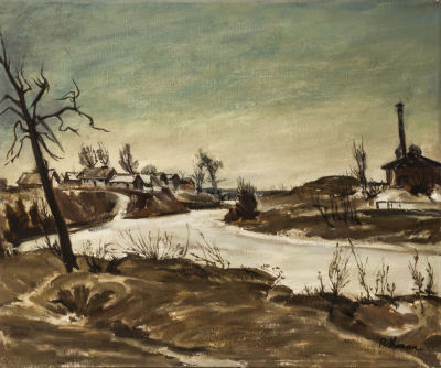 רחל קוגן (1912-1998), נהר האוחטה בחורף. טכניקה: שמן על בדתאריך: 1950 בקירובחתום (ימין למטה) 