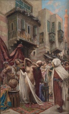 פאביו פאבי (Fabio Fabbi 1861-1946), שוק עבדים. טכניקה: שמן על בד. 
חתימה: חתום (ימין למטה). 