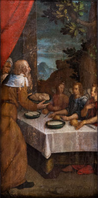 אסכולה פלמית (1600 בקירוב), אברהם שרה ושלושת המלאכים. שמן על עץ 
32X17 ס"מ מצב: לפירוט מצב, אנא 