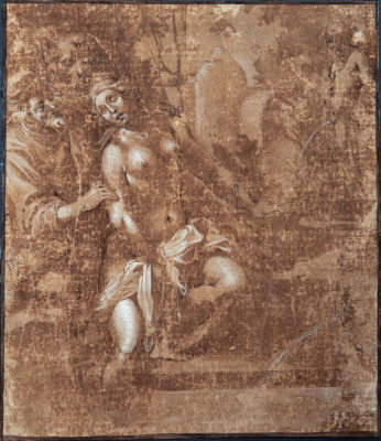 חאניבל קראצ'י (Annibale Carracci 1560–1609), סוזנה והחכמים. עט חום מודגש בלבן על נייר חום מוצמד 