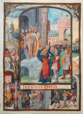 Ecce Homo - מיניאטורה דו צדדית מצויירת על קלף, הולנד, המאה ה-15. טמפרה מודגשת בזהב על קלף 