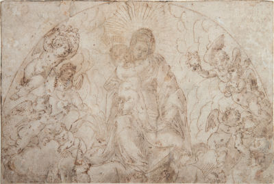 מיוחס לפרא ברטלומאו (Fra Bartolomeo 1472-1517), המדונה והילד. דיו ואקוורל על נייר מוצמד לנייר 