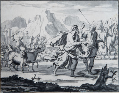 אסכולה הולנדית, המאה ה-18, יעקב נמלט מלבן. דיו ואקוורל על נייר 
11.6X14.6 ס"מ 
מקור: עיזבון 