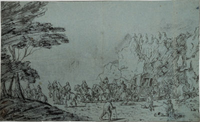 קלוד לה לוריין (Claude Gellee Le Lorrain 1600-1682), נציגי (מדיצ'י?) בדרך לאפיפיור. פחם על נייר 