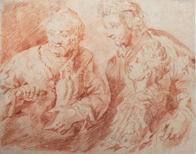 מיוחס ליאן ליוונס (Jan Livens 1607-1674), סצנה תנכית (כנראה בועז עם רות ונעמי). גיר אדום על נייר 