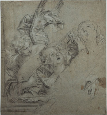 קספר נצ'ר (Caspar Netcher 1635/39-1684), מלאכים בשירה. גיר שחור מודגש בלבן על נייר ירוק 
28X26.5 