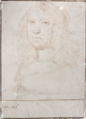 אסכולה הולנדית, המאה ה-17, דיוקן עלמה. עפרון ודיו חום, (קווי מסגרת בעיפרון ודיו שחור וחום )על 