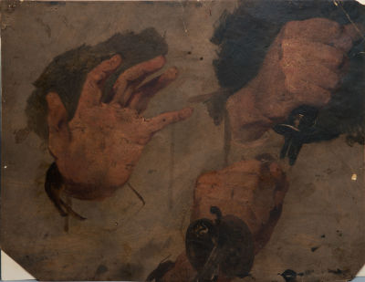 אסכולה אירופאית, המאה ה-18 בקירוב, סקיצה לידיים אוחזות חרב. שמן על נייר 
31X40.5 ס"מ 
מקור: 