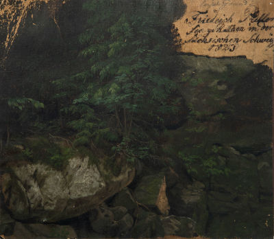 פרידריך פרלר (Friedrich I Preller 1804-1878), עמוק ביער ליד דרזדן. שמן על נייר 
נושא כיתוב (שמאל 